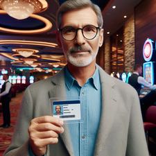 En man befinner sig på ett casino och håller upp sin legitimation får att identifiera sig och visa att han uppfyller åldersgränsen